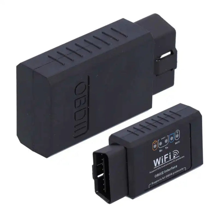 WiFi OBD-II diagnostic adapter with side ports and OBD connector, black housing