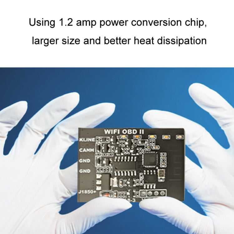 OBD-II WiFi circuit board held in gloves, showing main chip and component layout