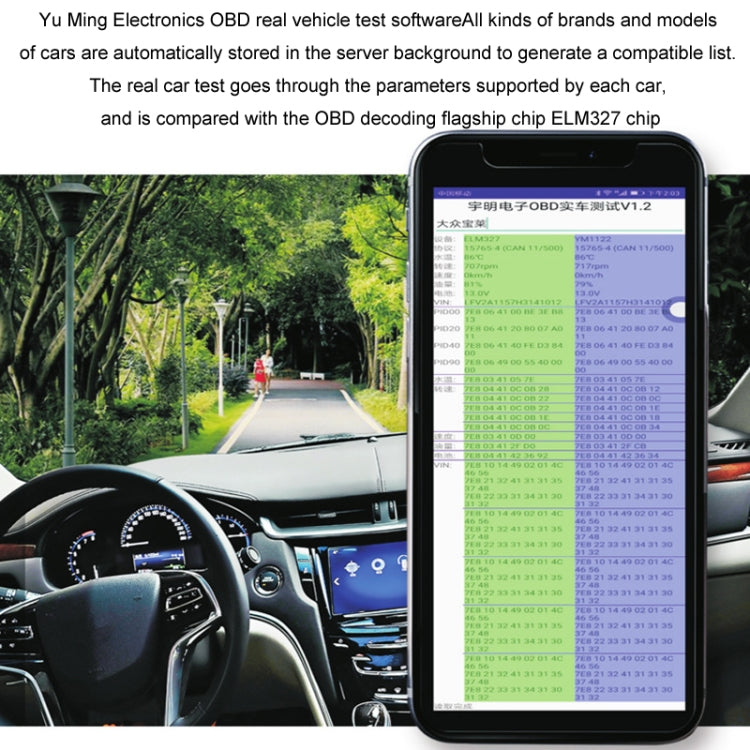 Mobile app screen showing OBD-II diagnostics data table for a connected vehicle