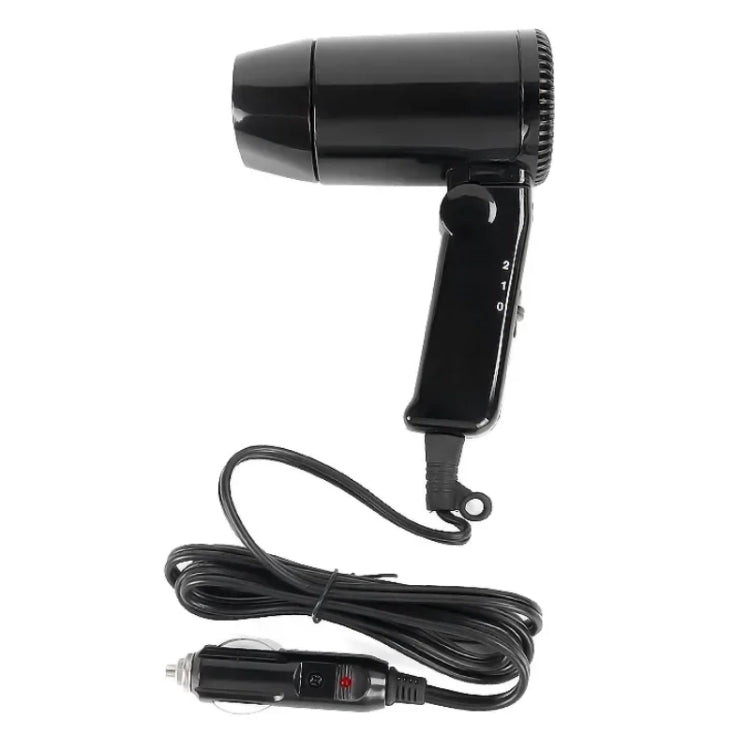 Black handheld car hair dryer with attached power cord and control switch