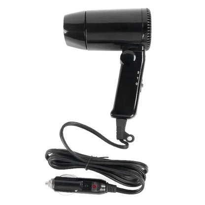 Black handheld car hair dryer with attached power cord and control switch