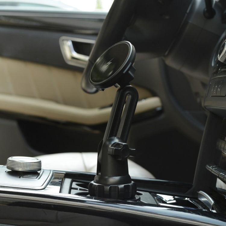 Black car cup holder MagSafe wireless charger mounted on center console