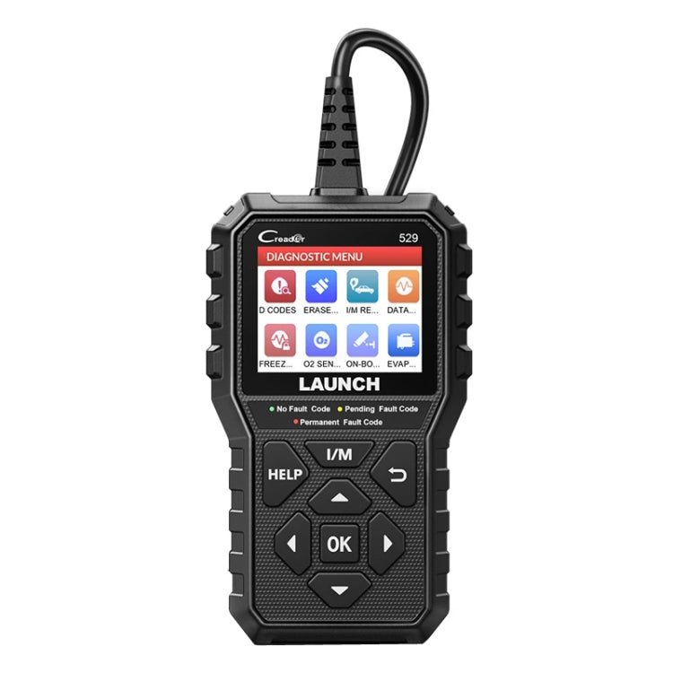 Black OBD2 car code scanner with diagnostic menu screen and navigation buttons