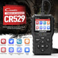 Handheld black OBDII scanner with CR529 screen, buttons, and cable connection