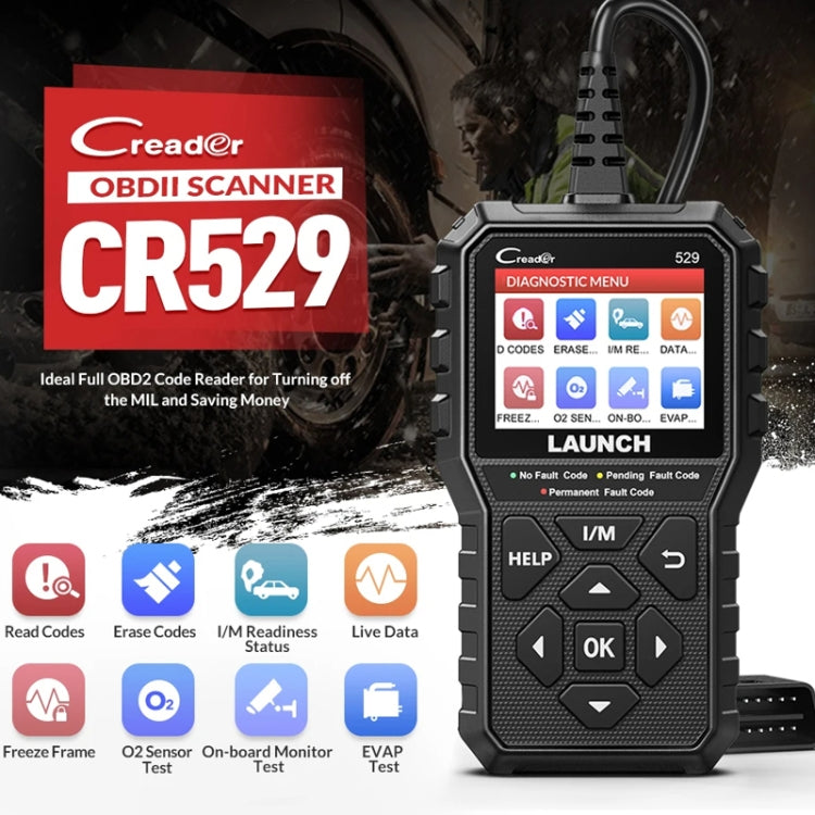 Handheld black OBDII scanner with CR529 screen, buttons, and cable connection