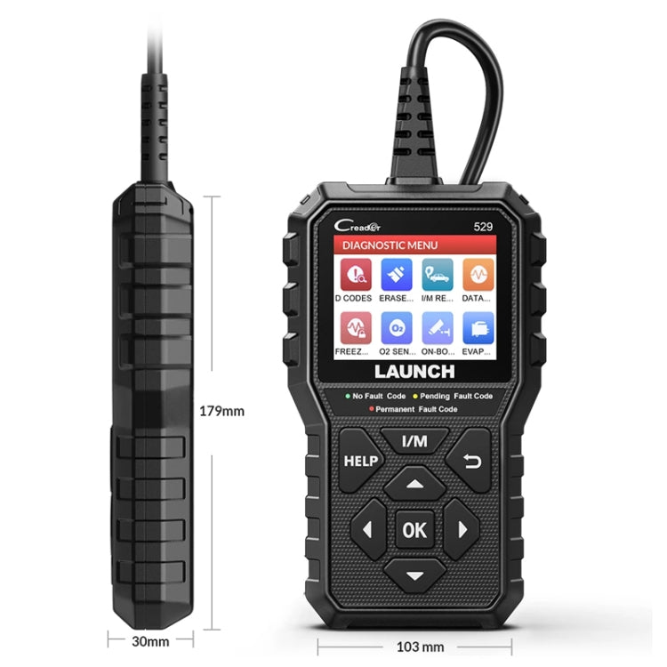 OBD2 code scanner device with display and cable, shown with size dimensions