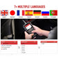 OBD2 scanner in hand near dashboard, showing multilingual language setup screens