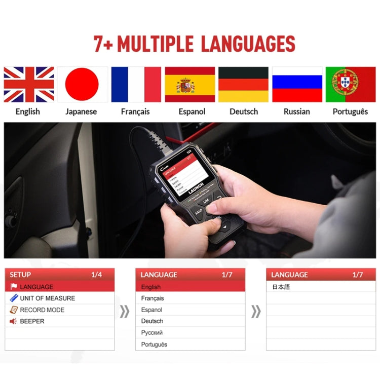 OBD2 scanner in hand near dashboard, showing multilingual language setup screens