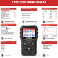 OBD2 scanner with diagnostic menu screen and annotated review data on display
