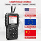 OBD2 scanner shown with vehicle coverage list and country flags on the display