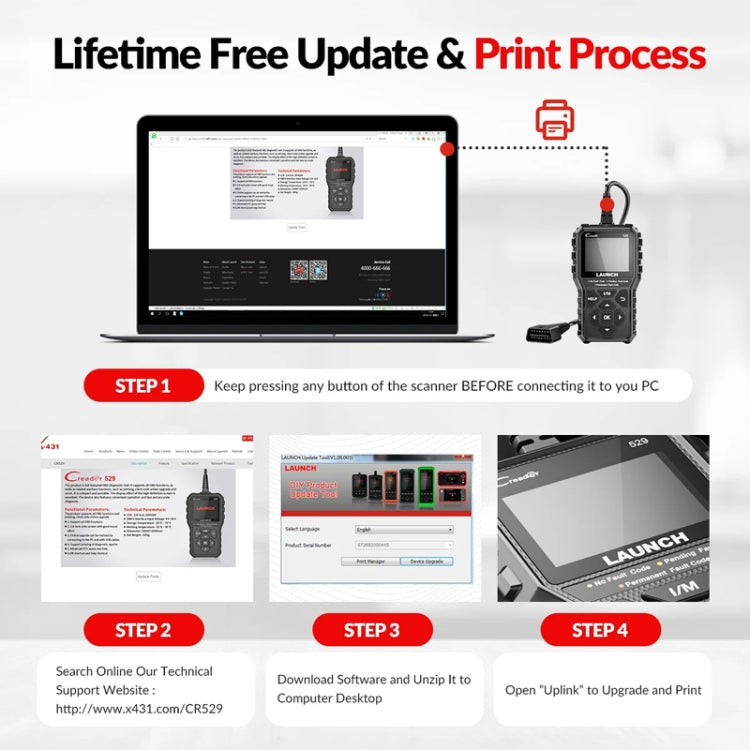 OBD2 scanner connected for lifetime updates and print process on a laptop setup