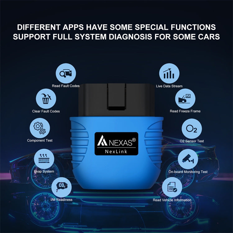 Blue NexLink OBD2 diagnostic scanner centered with glowing dashboard-style graphic