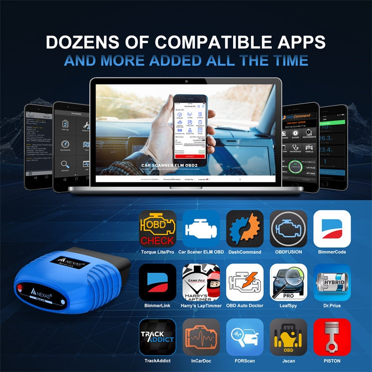 NexLink OBD2 diagnostic scanner with multiple app icons displayed around it
