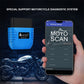 Blue NexLink OBD2 scanner beside a smartphone showing a motorcycle scan app