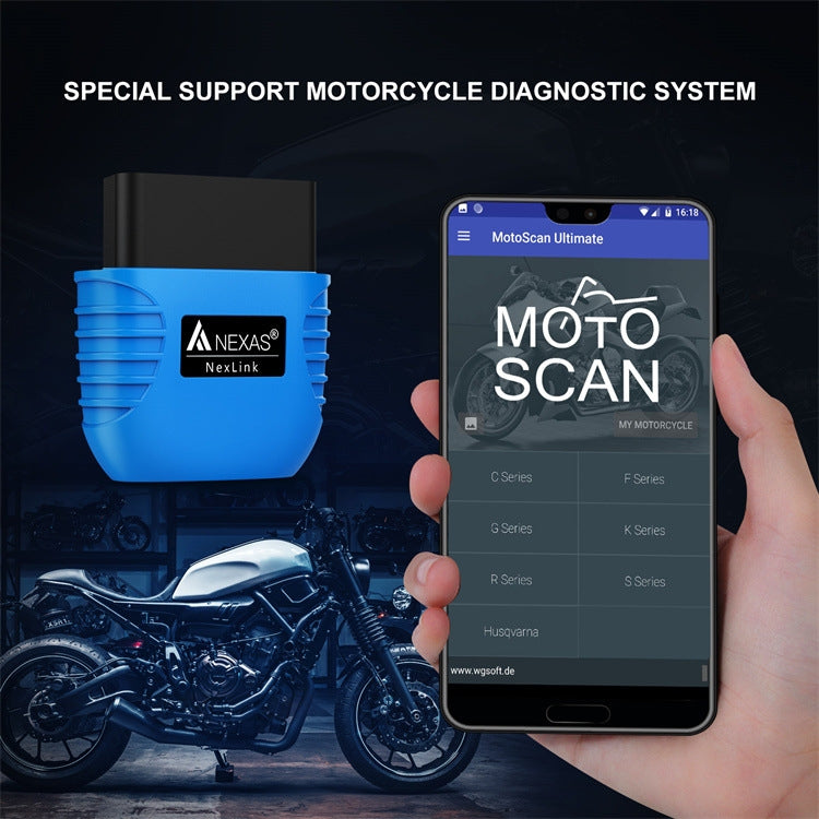 Blue NexLink OBD2 scanner beside a smartphone showing a motorcycle scan app