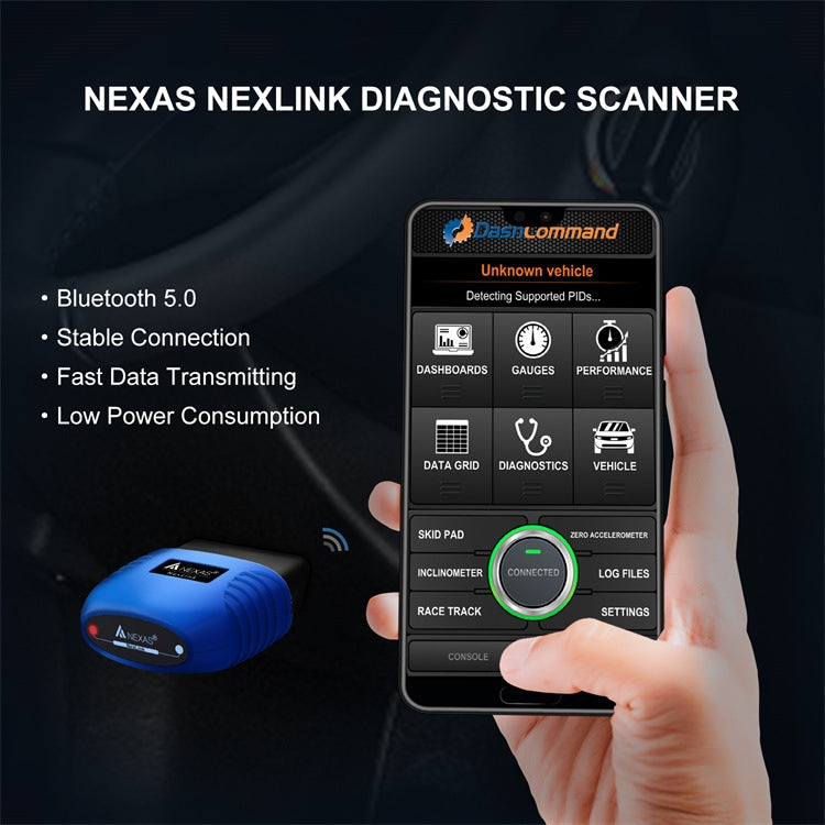 NexLink OBD2 Bluetooth diagnostic scanner held next to a phone dashboard display