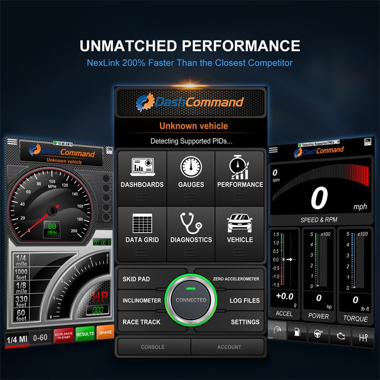 NexLink OBD2 diagnostic scanner with multiple phone screen panels showing gauges