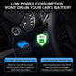 Blue NexLink OBD2 scanner near car dashboard gauges and battery protection icon