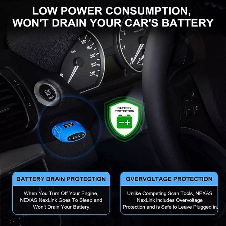 Blue NexLink OBD2 scanner near car dashboard gauges and battery protection icon