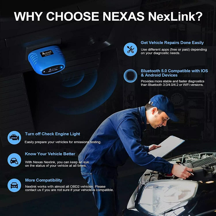 NexLink OBD2 diagnostic scanner near a mechanic working on a vehicle engine