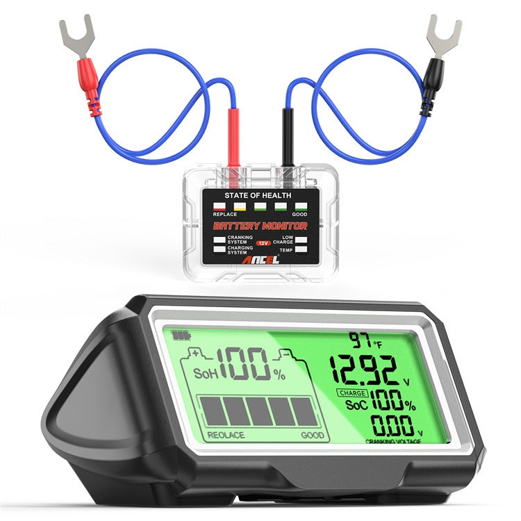 12V battery tester with LCD screen showing SOH and SOC, plus blue and red leads