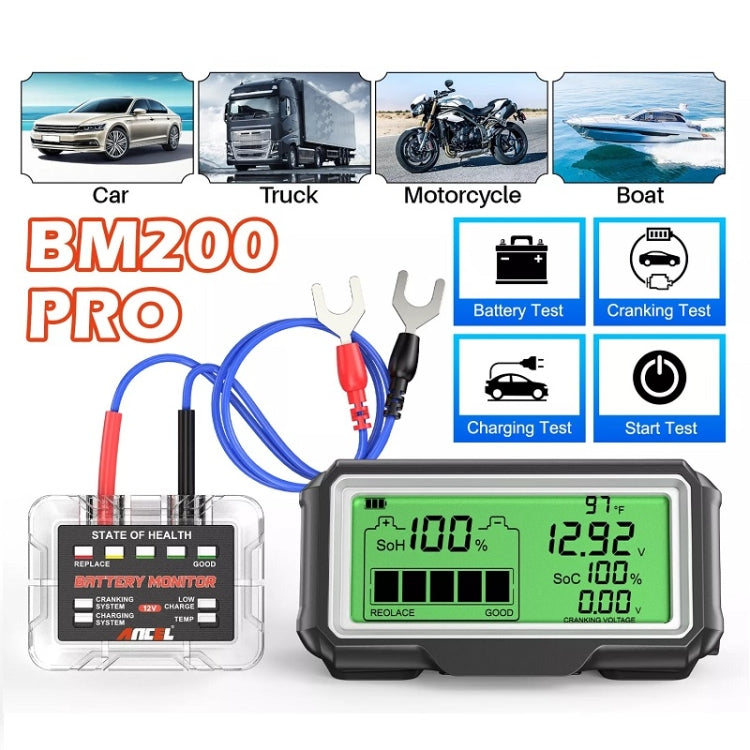 12V battery tester kit with LCD display, blue cables, and battery test clamps