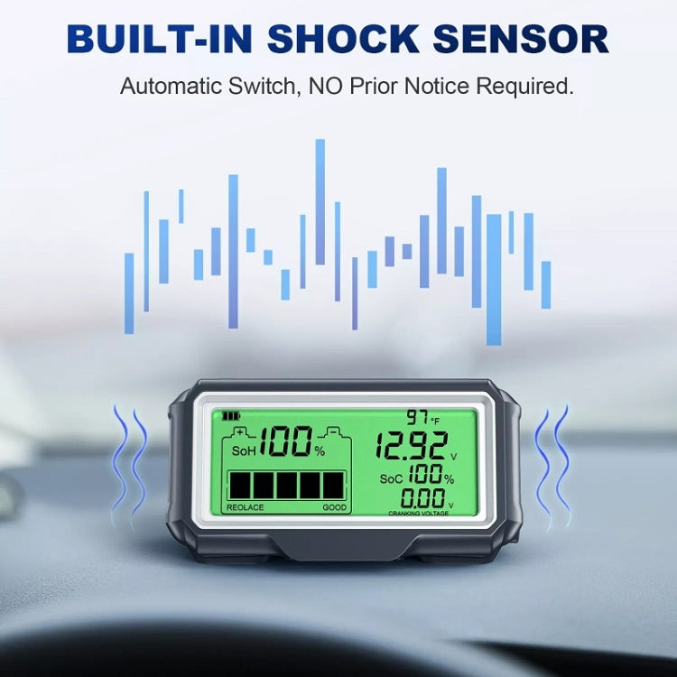 Car battery tester with LCD screen showing SOH 100% and voltage readings