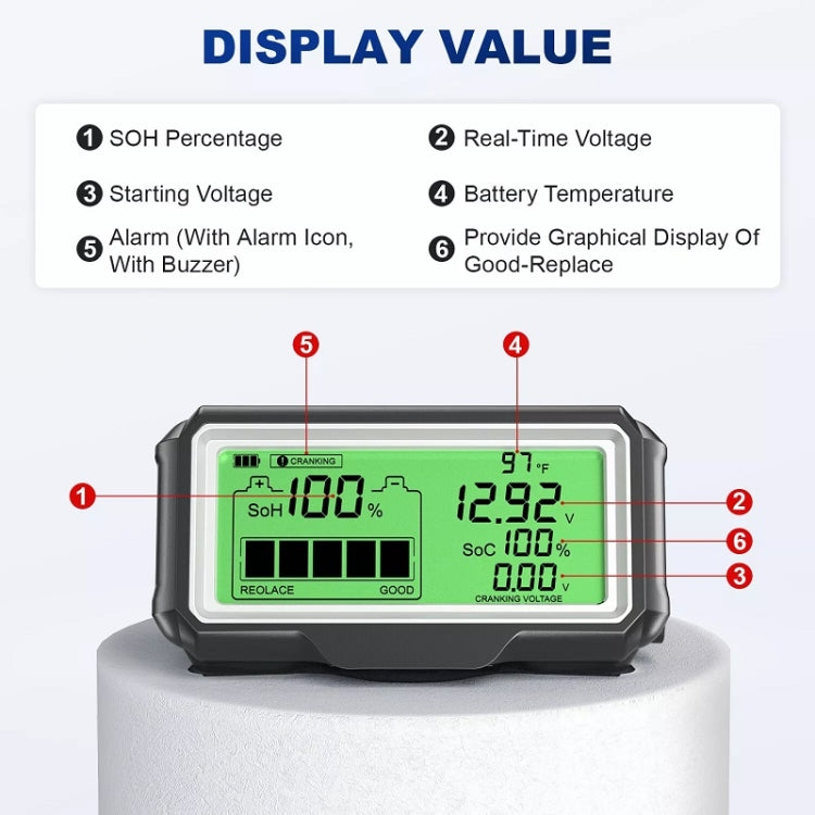 Car battery tester front view with LCD showing SOH, voltage, and temperature