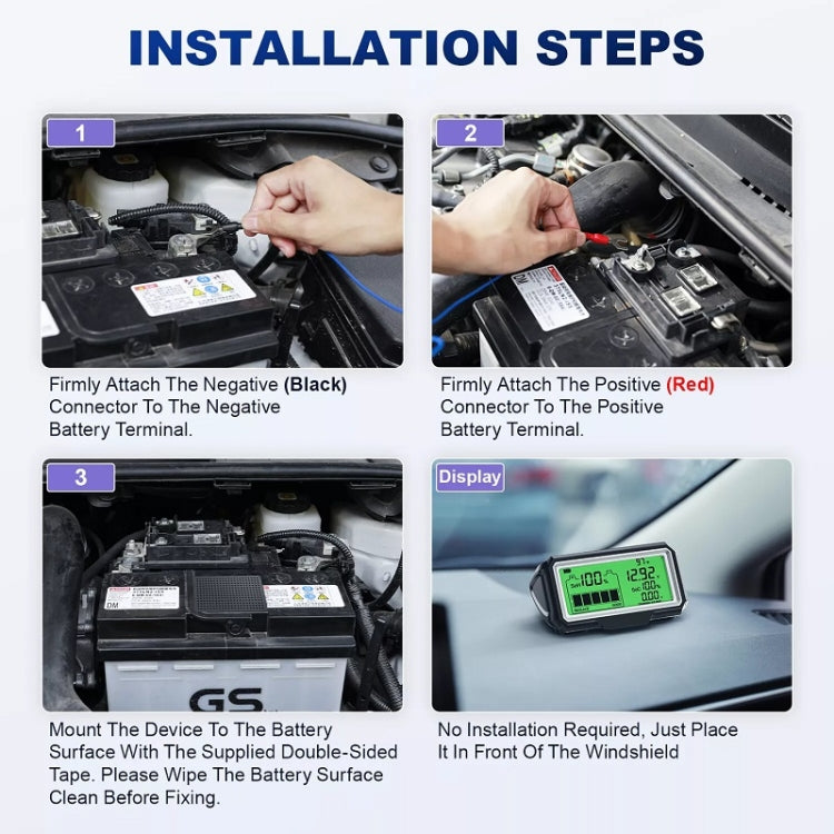 Car battery tester shown being connected to battery terminals with clamp leads