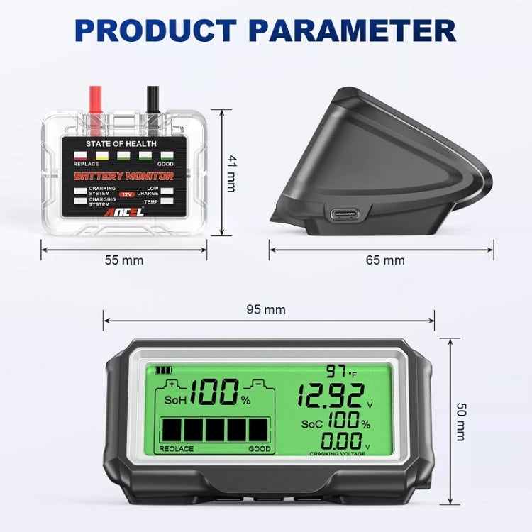 12V battery tester with LCD display and transparent battery-monitor module