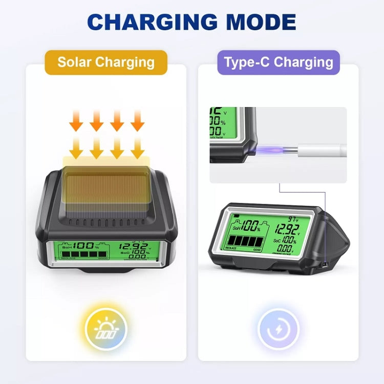 12V battery tester in charging mode with LCD showing 12.98V and SOH/SOC readings