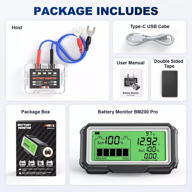 12V battery tester package with LCD unit, transparent monitor, and USB-C cable