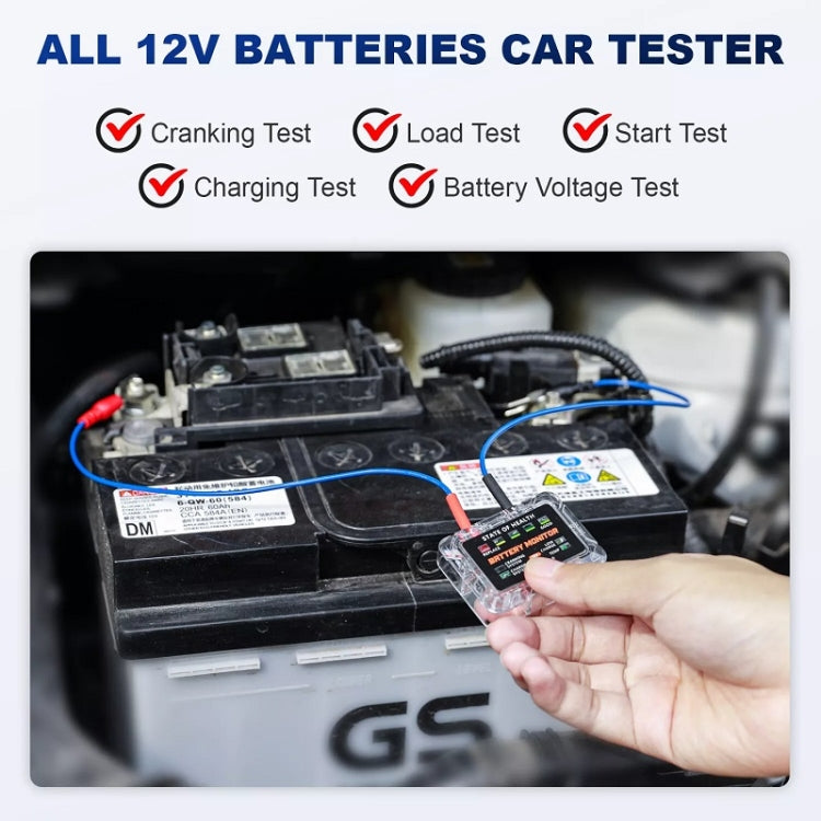 12V battery tester connected to a car battery in the engine bay