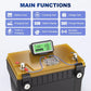 12V battery tester on a battery with LCD screen showing voltage and health