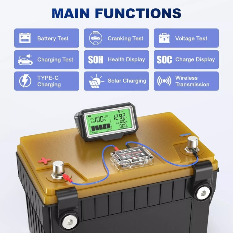 12V battery tester on a battery with LCD screen showing voltage and health