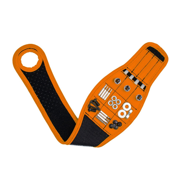 Orange magnetic thumb wrap tool storage strap with black backing and metal tool slots