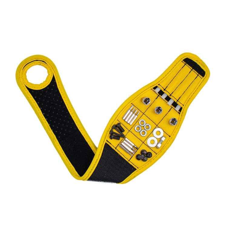 Yellow magnetic thumb wrap tool storage strap with black backing and metal tool slots