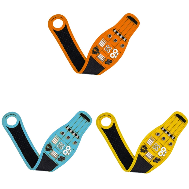 Magnetic thumb wrap tool storage straps in multiple colors: orange, blue, and yellow