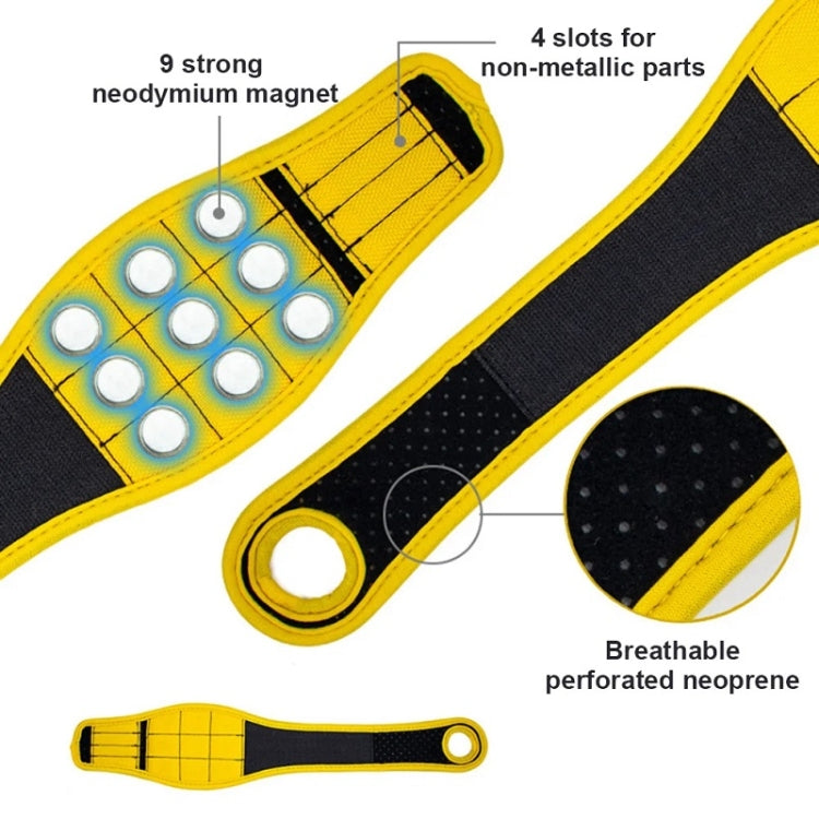 Yellow magnetic thumb wrap tool storage strap with tool holder slots and breathable perforated neoprene