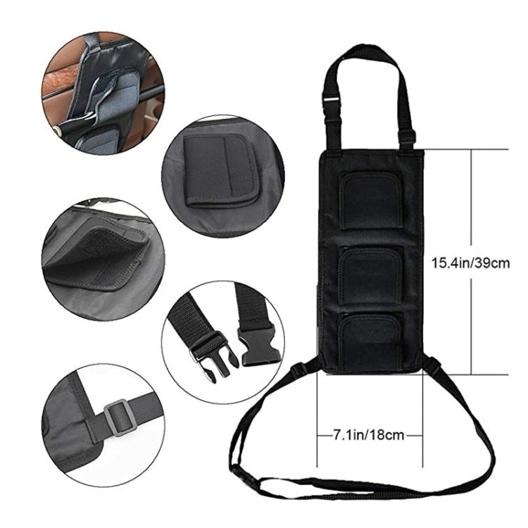 Black fishing rod storage strap bag with multiple pockets and wide seat mounting straps