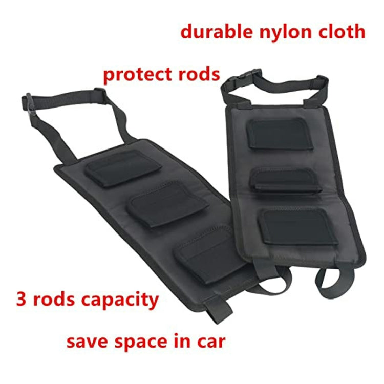 Black fishing rod protective storage strap bag with three padded pocket sections