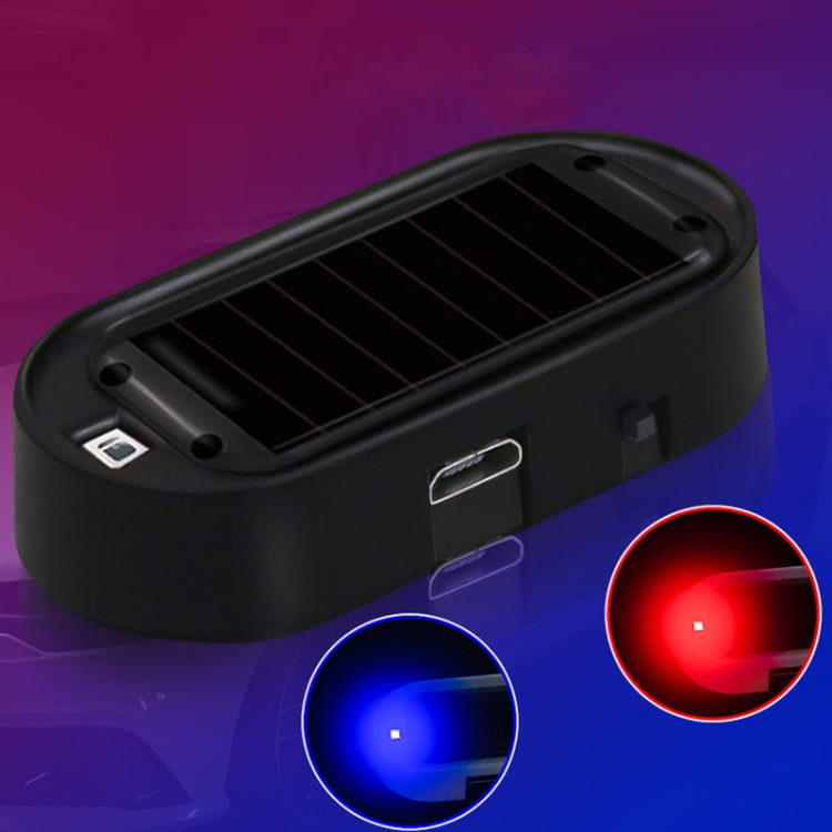 Solar car anti-theft LED warning light, black housing with blue and red LED inset glows