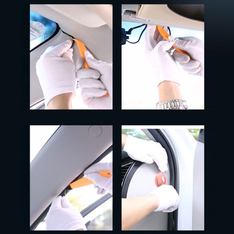 Hands using orange car trim pry tools to release interior panels