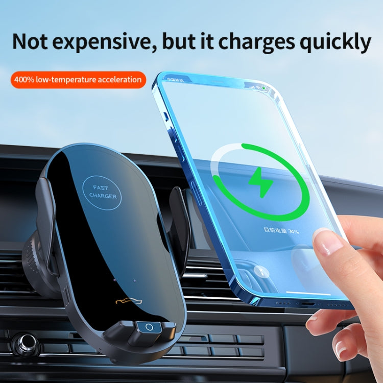 Car air vent wireless charging phone holder with phone seated in charging cradle