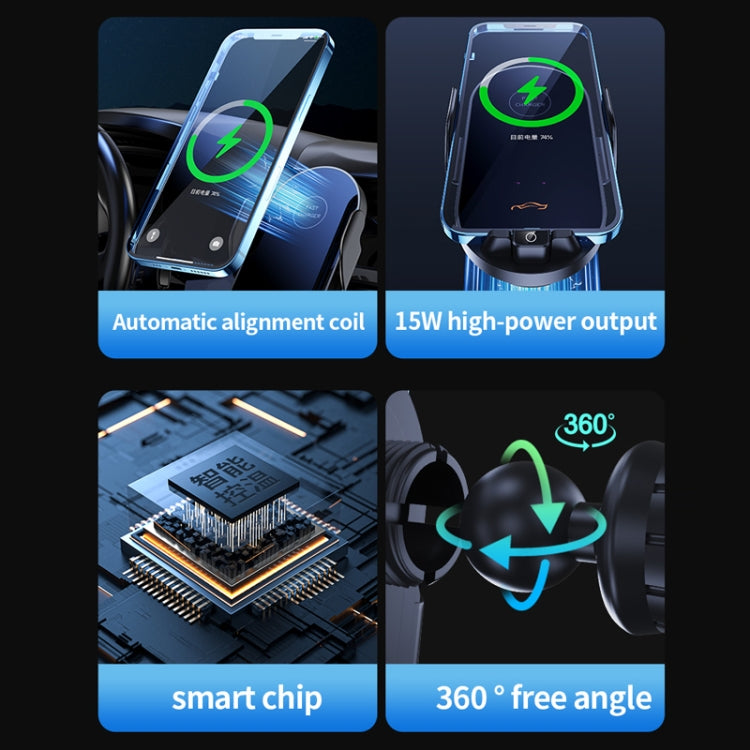 Car wireless charging phone holder showing multiple features and 360-degree rotation