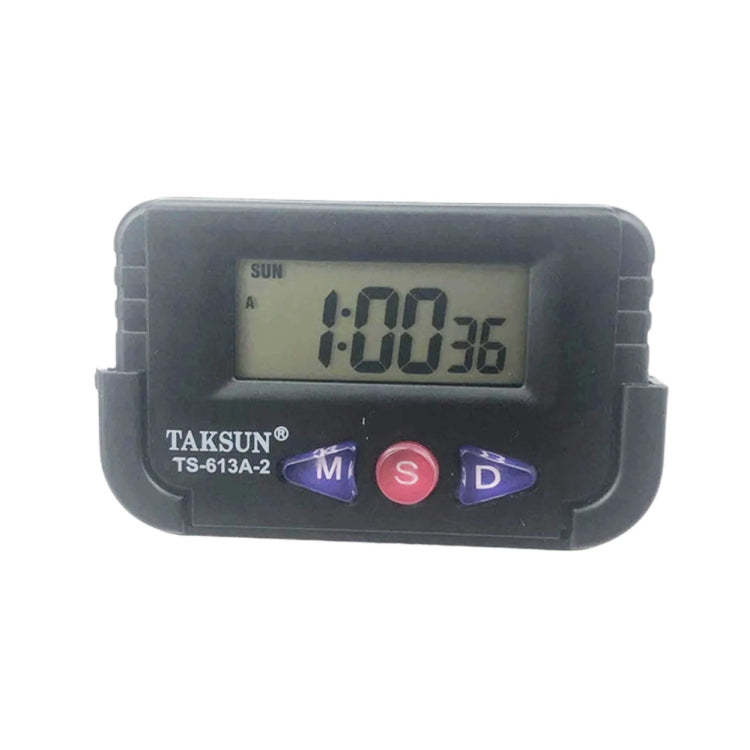 Car LED digital clock with dark housing, day/date screen, and colored button controls