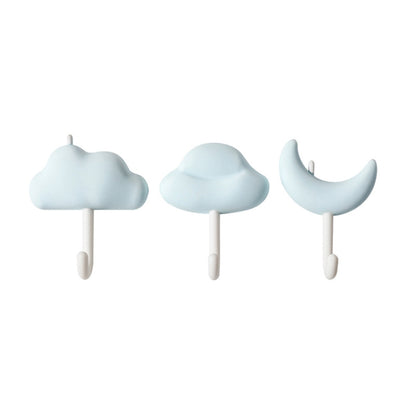 3-pack cloud-shaped adhesive wall hooks, light blue, with small hanging hooks