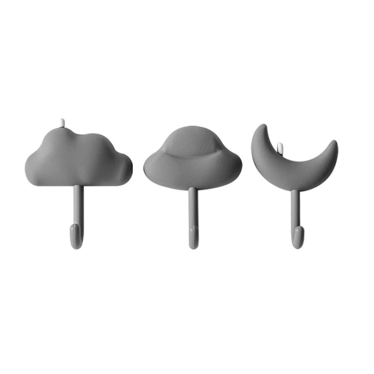3-pack cloud-shaped adhesive wall hooks, gray, with small hanging hooks