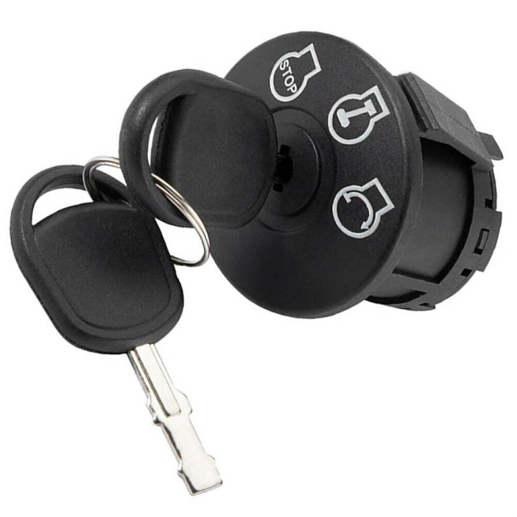 Black lawn mower ignition key switch with two keys and three icon positions