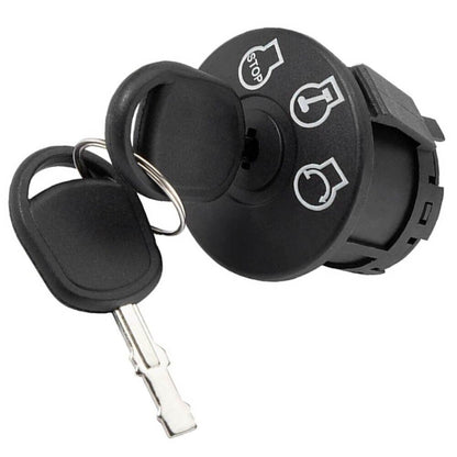 Black lawn mower ignition key switch with two keys and three icon positions